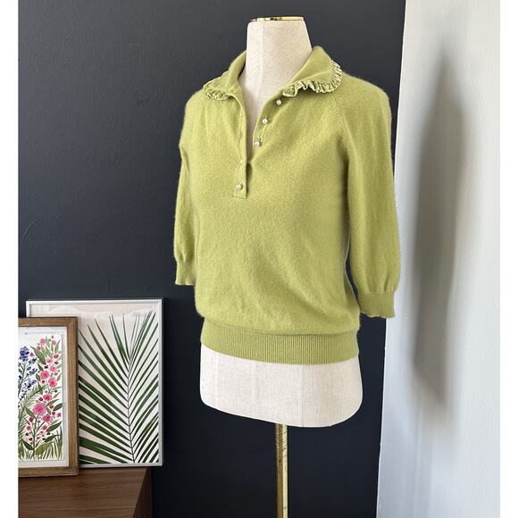 Cynthia Steffe Cashmere Pistachio Green Pearl Button Sweater Peter Pan Preppy - Picture 2 of 8